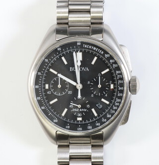 A gentleman's steel cased Bulova chronograph wristwatch, quartz movement with 3 subsidiary dials, the dial inscribed 262KHZ with calendar aperture and black bezel, contained in a 45mm case on original bracelet, the back stamped Apollo 15 July 26, 1971 to August 7, 1971 Eva - 3 August 2, 1971 Hadley Rille/Apennines 26.1 3N 3.63E complete with box and paperwork 