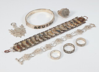 A silver bangle and minor silver jewellery, gross weight 97 grams 