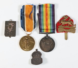 A First World War War medal and Victory medal to 213263.1.A.M.F.G.S.Wilton RAF together with 2 badges and a miniature postcard album 