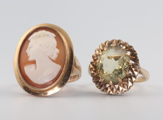 A 9ct yellow gold quartz dress ring and a cameo ditto, both size L, 10 grams 