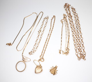 A 9ct yellow gold necklace 48cm, ditto 36cm, 2 bracelets 18cm, a necklace 17cm, pair of heart shaped drop earrings and 1 odd earring 10.8 grams 