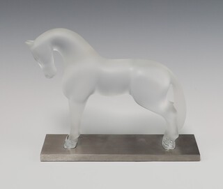 Lalique, a glass figure of a standing horse Cheval Debout  raised on a rectangular metal base 14cm h 