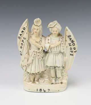 A Victorian Staffordshire Band of Hope figure group of 2 children, base marked 1847, 18cm h