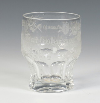 An 19th Century cut glass tumbler decorated Masonic symbols, Old Haileyburian  Lodge 3912 GF Campbell 