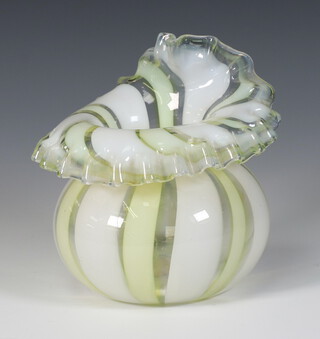 A Victorian vaseline glass vase with wavy rim 13cm  