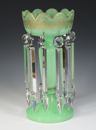 A 19th Century green glass gilt decorated lustre with 10 clear cut glass lustres 10cm 