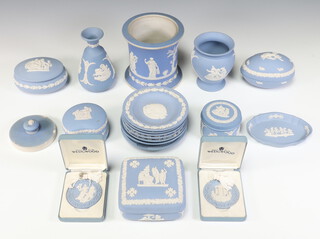 A Wedgwood blue Jasperware square box and cover, 4 other boxes, 8 dishes, 2 vases and a jardiniere together with 2 Christmas decorations and a lid 