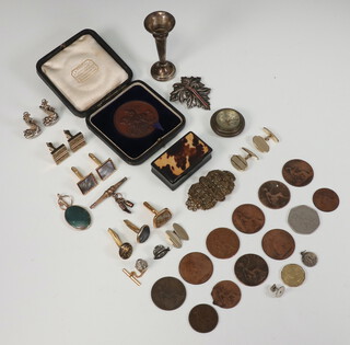 A miniature silver spill vase Birmingham 1978 together with a collection of cufflinks, brooch, coins, etc 