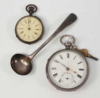 A silver keywind pocket watch, London 1883, a lady's silver fob watch together with a silver mustard spoon 