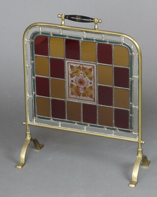 An Edwardian brass framed and glass inset fire screen 60cm h x 48cm w 