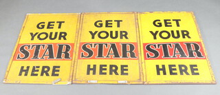 Three painted plywood and metal bound newspaper stand signs - Get Your Star Here 77cm x 81cm 