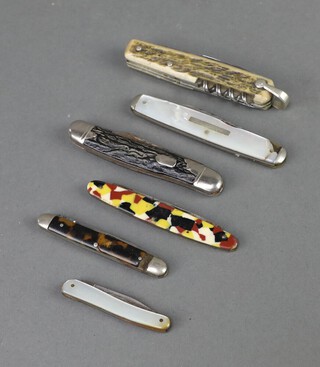 An Inox multi bladed pocket knife with stag horn grip, an unmarked double bladed pocket knife with stag horn grip (a/f), a Sccysa folding pocket knife with twin blades and tortoiseshell effect grip (f), an unmarked twin bladed folding knife with mother of pearl grip, a Continental ditto marked Foreign (rust to blade), a Southern and Charcon twin bladed folding knife with mother of pearl grip (chipped) 