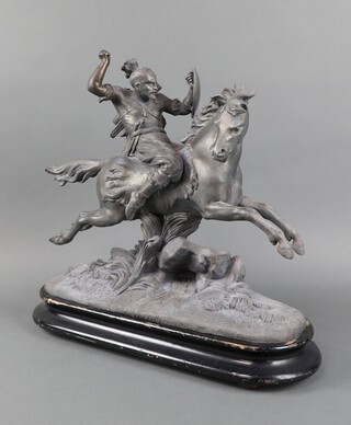 A 19th Century spelter figure of a mounted warrior on an oval ebonised base 40cm h x 42cm w x 15cm d 
