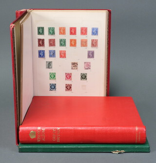 A red album of Victoria and later mint and used GB stamps including penny black, a Windsor album of GB mint and used stamps, green stock book of GB Victoria and later used stamps 
