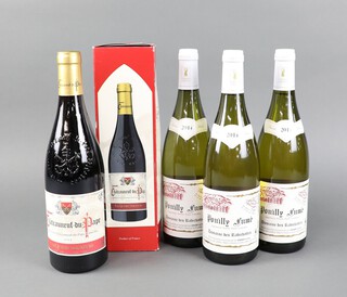 A bottle of 2014 Chateauneuf du Pape Les Quatre Seigneurs red wine, together with 3 bottles of 2014 Pouilly Fume Domaine Des Rabichattes white wine 