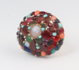 A yellow metal 9ct cluster gem set ring comprising opals, emeralds, turquoise, coral, sapphires, size M 1/2, 25mm, 11.4 grams