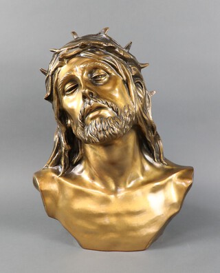 Biondan, a gilt bronze head and shoulders portrait bust of Christ with crown of thorns, 42cm h x 32cm x 12cm d 