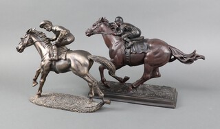 A bronzed figure of a racehorse with jockey up 25cm h and 1 other 24cm h 