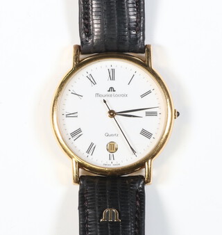 A gentleman's gilt cased Morris Lacroix calendar wristwatch on a leather strap with original box 