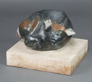 Nyanhongo Euwitt, South African, a carved polished hardstone sculpture of a seated   mythical horned figure, raised on a rectangular white veined marble base 37cm h x 45cm w x 41cm d 