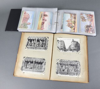 A card album of various black and white postcards - cathedrals and buildings together with a brown ring bound album of postcards including SS Afghan River Steamer and black and white and coloured postcards of India 