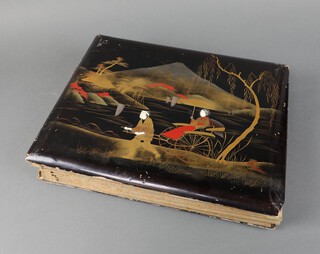 A 19th Century Japanese lacquered postcard album containing 15 First World War embroidered postcards, 12 black and white Old Bill postcards, 10 Second World War coloured postcards or aircraft 