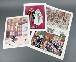 Four 1909 Truth Christmas number supplement prints, one of Suffragette interest - "An Englishman's Home" (crease to centre), "Democratic Finance", "A Cause Celebre" and "We've Done It", all  41cm x 32cm   