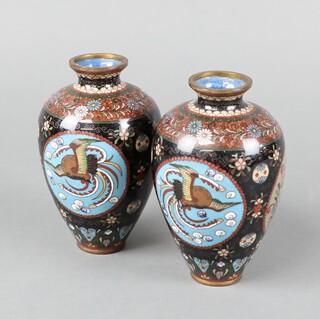 A pair of Japanese 19th Century Japanese cloisonne enamel vases decorated birds 12cm 