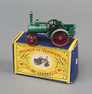 Lesney Models of Yesteryear - Allchin Traction Engine Y1-1, in green with gold smoke box door, red front and rear tyres, angled unpainted treads, crimped axles, contained in a 1957-60 box  