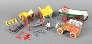 A Scharben Toys, a milk wagon in orange with United Dairies Pasturised Milk and Cream decal together with wagons and farming equipment from other manufacturers 