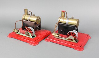 Mamod, a pair of stationary steam engines on mounted metal plinths 14cm h x 20cm w  18cm d 