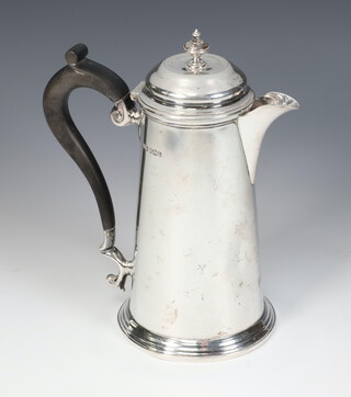 A Georgian design coffee pot of tapered form with ebony handle, Sheffield 1909, 20cm, gross weight 432 grams 