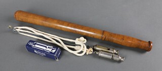 A turned wooden police truncheon marked MP, an ARP whistle, an ACME boy scout whistle and a replica police whistle  