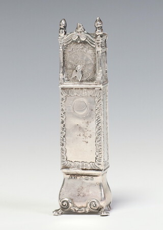 A Continental silver miniature repousse box in the form of a longcase clock 10.5cm, 68 grams 