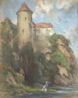 A 19th Century watercolour, indistinctly signed, Continental scene with castle and figure by a stream 39cm x 32cm, contained in a decorative gilt frame 