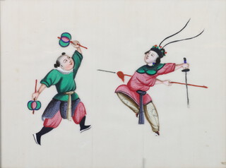 A 19th Century Chinese watercolour on rice paper depicting dancers 16cm x 22cm, ditto of a standing lady 22cm x 16cm 