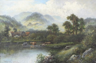 William Langley, active 1880-1920, oil on canvas signed, cattle in stream with distant hills, 39cm x 60cm 
