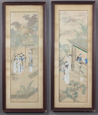 Early 20th Century Chinese watercolours on silk depicting figures before pavilions 69cm x 21cm 