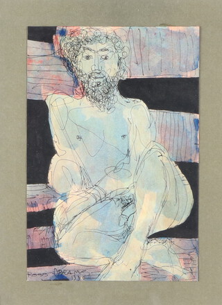 Ross Abrams (1920-2007) print, study of a semi-clad gentleman dated 1990 with label to the reverse, 23cm x 15cm 