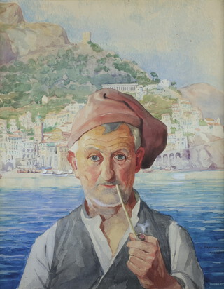 G Barbaro Amalei, watercolour drawing, head and shoulders portrait of a Mediterranean gentleman smoking a pipe with bay and buildings behind 61cm x 48cm, signed 