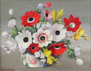 Norah Simpson, oil on board, still life study of flowers, with label to reverse Norah Simpson, 149 Kings Rd, Chelsea SW3 18cm x 24cm  