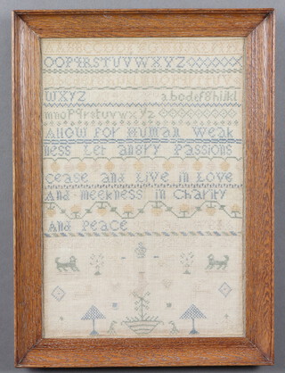 19th Century sampler with alphabets and verse with animals, trees and a crown 38cm x 26cm 