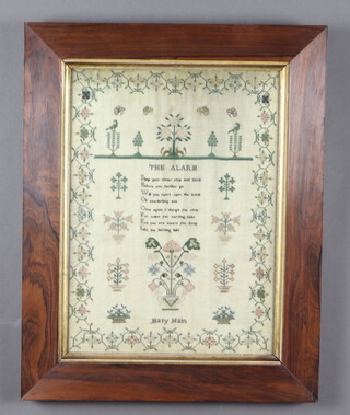 An early 19th Century sampler with verse by Mary Hain in a border of scrolling flowers, trees, birds and insects 43cm x 31cm 
