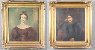 Victorian oils on canvas a pair, portrait of a young lady wearing a mourning brooch and a portrait of a lady sitting beside a sideboard, both unsigned 34cm x 30cm 
