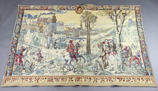 A 17th Century style machine made tapestry panel depicting mountain scene with castle, towers, figures etc 132cm x 195cm 