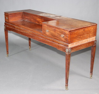 A 19th Century mahogany square piano case converted for use as a sideboard, fitted a drawer and raised on square tapered supports, brass caps and casters 85cm h x 161cm w x 57cm d 