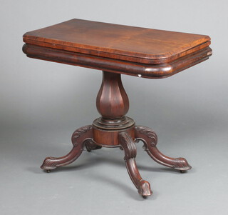 A Victorian D shaped mahogany tea table raised on turned column and tripod base 77cm h x 90cm w x 44cm d  