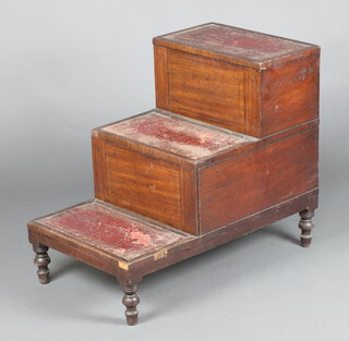 A 19th Century mahogany 3 step, step commode inset red leather panels, on turned supports 64cm h x 77cm w x 46cm d 