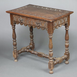 A Victorian rectangular carved oak side table fitted a drawer, on turned and block supports with H framed stretcher 76cm h x 78cm w x 50cm d  