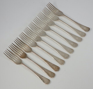 Ten silver dessert forks with engraved monogram, Sheffield 1934, 495 grams 